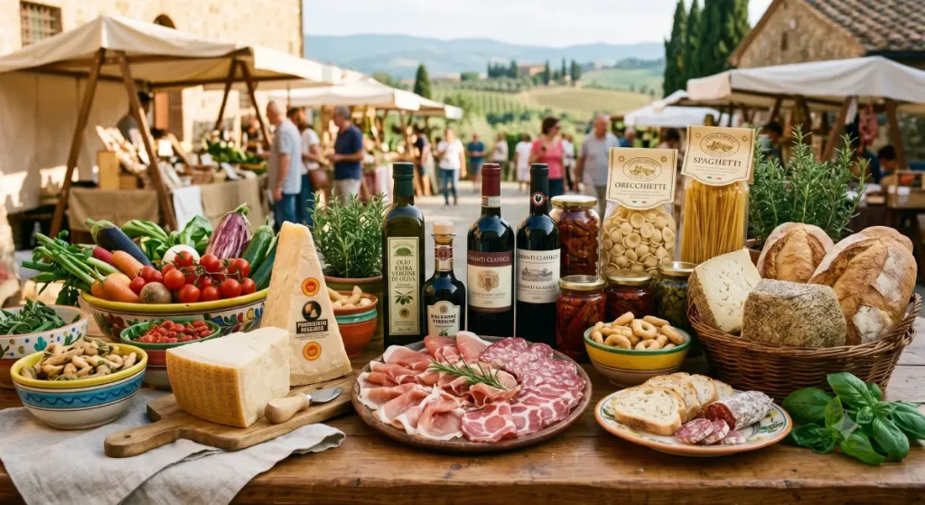 Tavolo in legno con prodotti tipici italiani tra cui formaggi, salumi, olio extravergine e vino in un mercato all'aperto